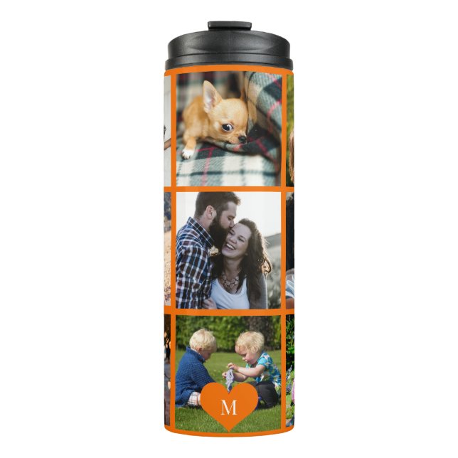 Photo collage monogram personalized modern orange thermal tumbler (Front)