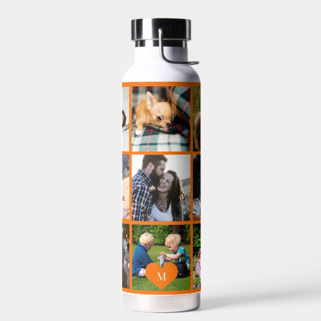 Photo collage monogram personalized modern orange water bottle (Left)