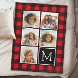 Photo Collage Monogram Red Black Buffalo Plaid Fleece Blanket<br><div class="desc">Background includes an optional manly check Pattern - Use five Instagram square photos or really any picture to create a unique and personal gift. Or you can keep the hipster puppy and make a trendy keepsake. If you need to adjust the pictures, click on the customize tool to make changes....</div>