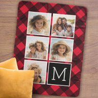 Photo Collage Monogram Red Black Buffalo Plaid
