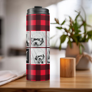 Photo Collage - Monogram Red Black Buffalo Plaid Thermal Tumbler