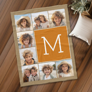 Photo Collage Monogram - Rustic Kraft and Orange Fleece Blanket