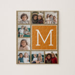 Photo Collage Monogram - Rustic Kraft and Orange Jigsaw Puzzle<br><div class="desc">Warm Autumn Colours with a Natural Brown and Fall Pumpkin Orange - You can use Instagram photos for this design. Use 8 square photos to create a unique and personal gift. Or you can keep the hipster puppy and make a trendy keepsake. If you need to adjust the pictures, click...</div>