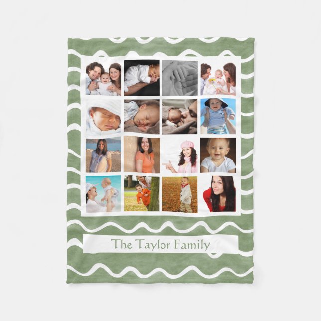 Photo Collage Mosaic Green Pattern Fleece Blanket (Front)