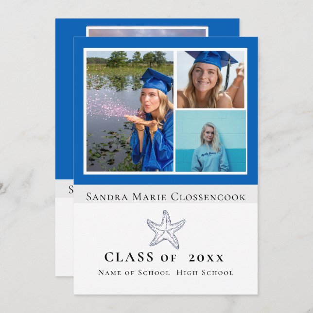 Photo Collage Nautical  Blue Starfish graduate Announcement (Front/Back)
