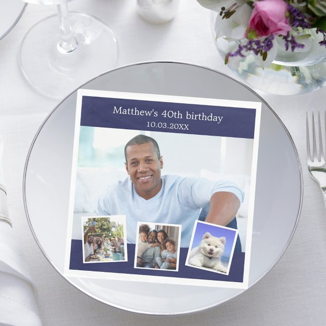 Photo collage navy blue birthday party napkin (Creator Uploaded)