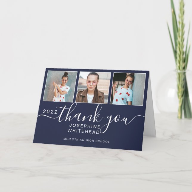 Photo Collage Navy Blue Graduation 2022 Thank You Card (Front)