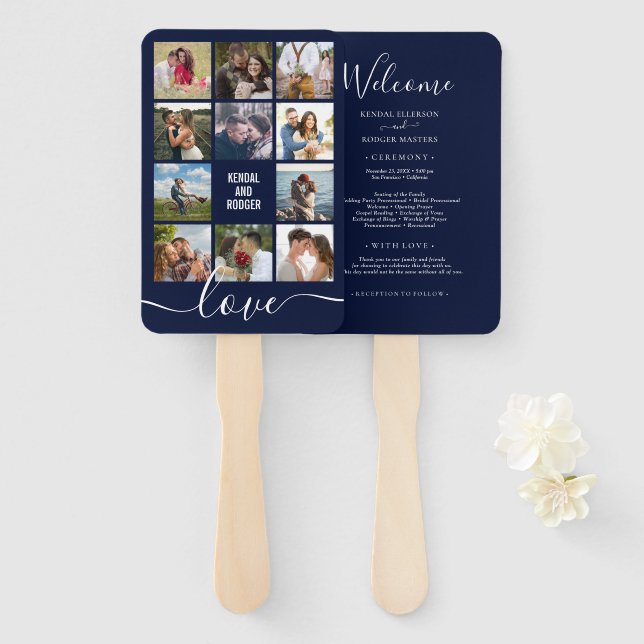 Photo Collage Navy Blue Wedding Program Hand Fan (Front and Back)