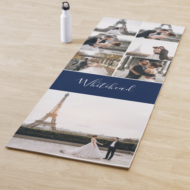 Photo Collage Navy Monogram Modern Yoga Mat (In Situ)
