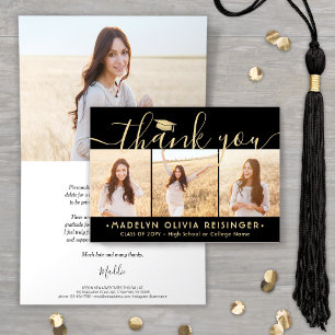 Photo Collage New Address Black & Gold Graduation Thank You Card
