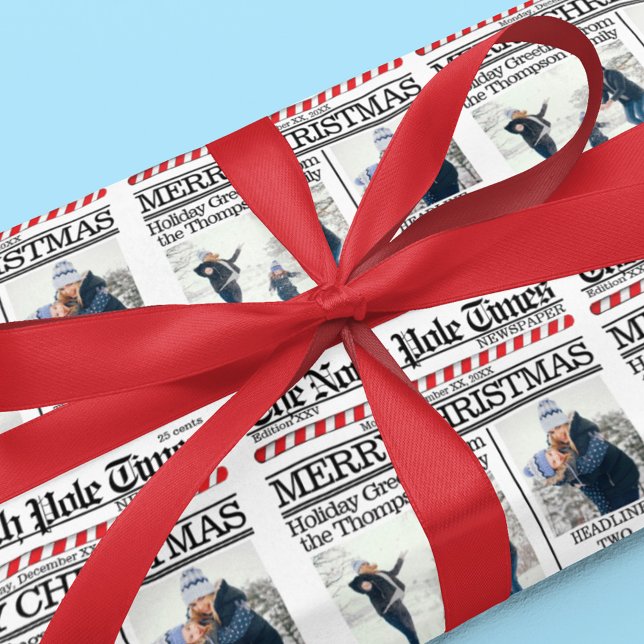 Photo Collage North Pole Santa Christmas Custom Wrapping Paper (Christmas whimsical photo newspaper print custom wrapping paper.)