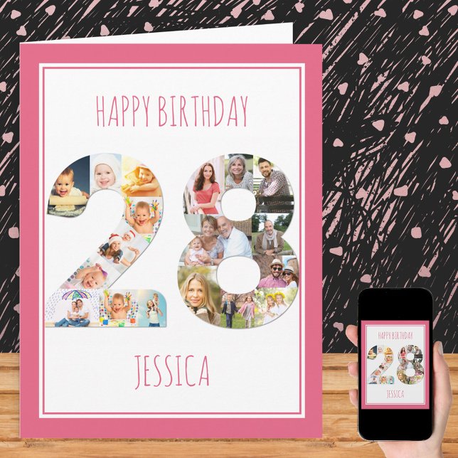Photo Collage Number 28 Pink 28th Birthday Card (Creator Uploaded)