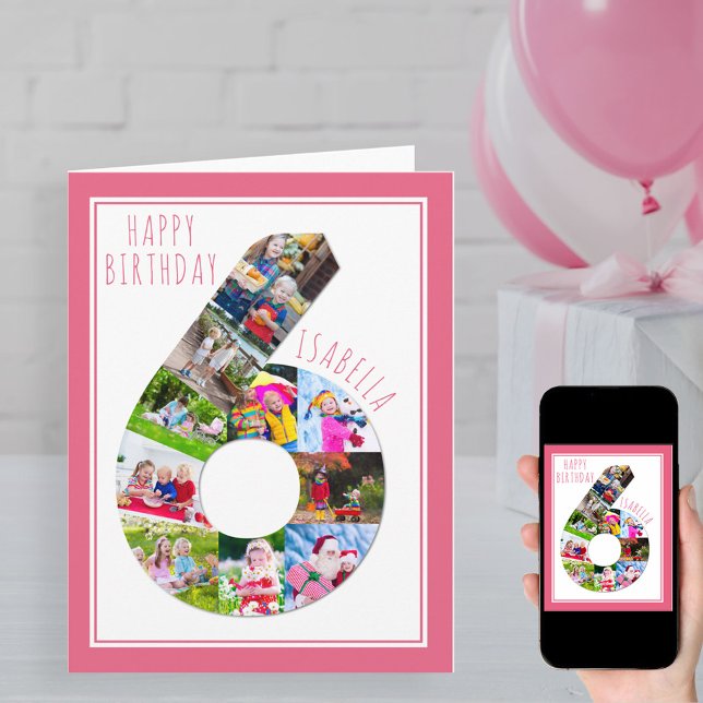 Photo Collage Number 6 Girl's 6th Birthday Card (Creator Uploaded)