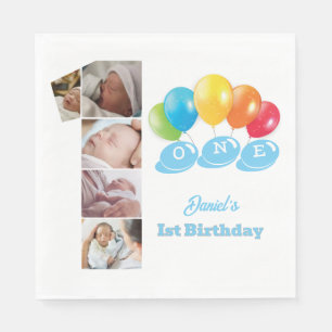 Photo Collage Number One Boy's Name 1st Birthday  Napkin