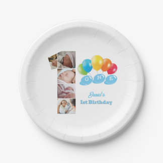 Photo Collage Number One Boy's Name 1st Birthday Paper Plate