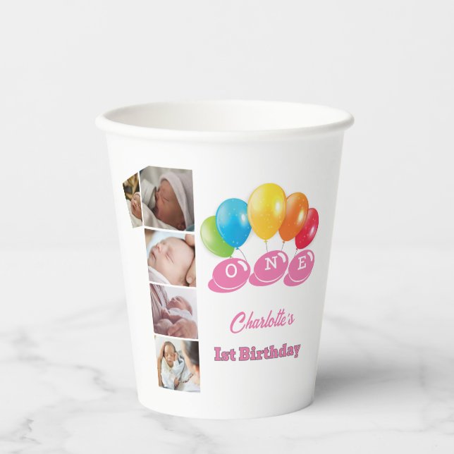 Photo Collage Number One Girl's Name 1st Birthday Paper Cups (Front)