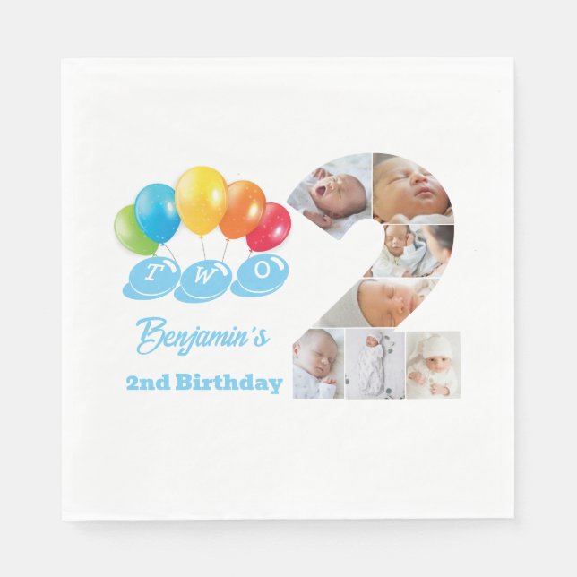 Photo Collage Number Two Boy's Name 2nd Birthday  Napkin (Front)