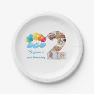 Photo Collage Number Two Boy's Name 2nd Birthday  Paper Plate