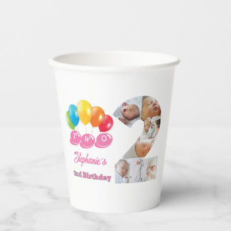Photo Collage Number Two Girl's Name 2nd Birthday Paper Cups