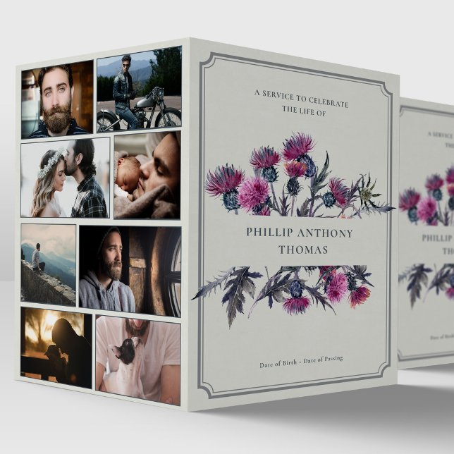 Photo Collage Obituary Scottish Thistle Funeral  Program (Scottish Thistle Photo Montage Sympathy Order of Service Funeral Program)