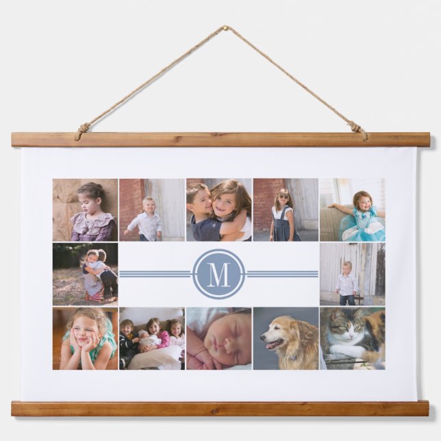 Photo collage of 12 photos dusty blue monogram hanging tapestry (Front)
