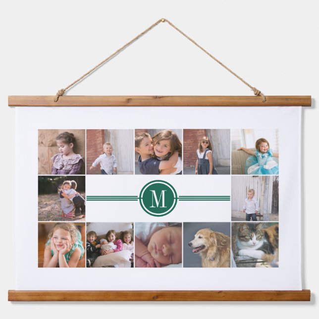 Photo collage of 12 photos emerald green monogram hanging tapestry (Front)