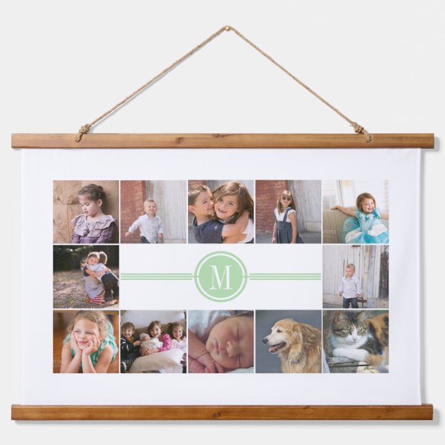 Photo collage of 12 photos mint green monogram hanging tapestry (Front)