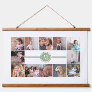Photo collage of 12 photos sage green monogram hanging tapestry