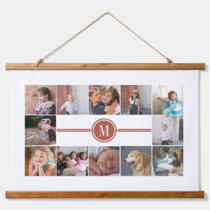 Photo collage of 12 photos terracotta monogram hanging tapestry