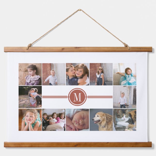 Photo collage of 12 photos terracotta monogram hanging tapestry (Front)