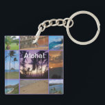 Photo Collage of Oahu, Hawaii Keychain<br><div class="desc">Oahu,  Hawaii photo collage
Stunning photo collage of a wonderful trip to Oahu,  Hawaii.  Sandy beaches,  swaying palm trees,  sunset over the horizon,  pineapple trees and an aqua blue ocean. 
By celeste@khoncepts.com
#hawaii</div>