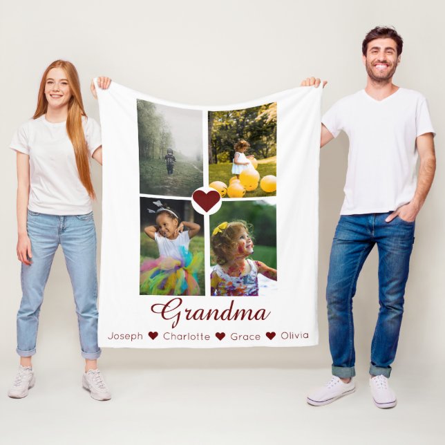Photo Collage Personalized 4 Photos With Hearts Fleece Blanket (In Situ)