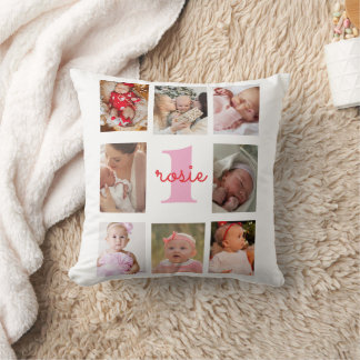 Photo Collage Personalized Baby Name Monogram Gift Throw Pillow