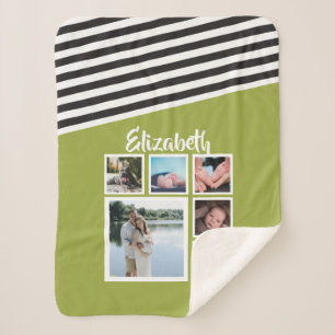 Photo Collage Personalized Bright Green Striped Sherpa Blanket