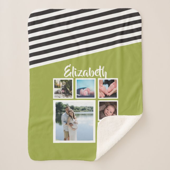 Photo Collage Personalized Bright Green Striped Sherpa Blanket (Front)