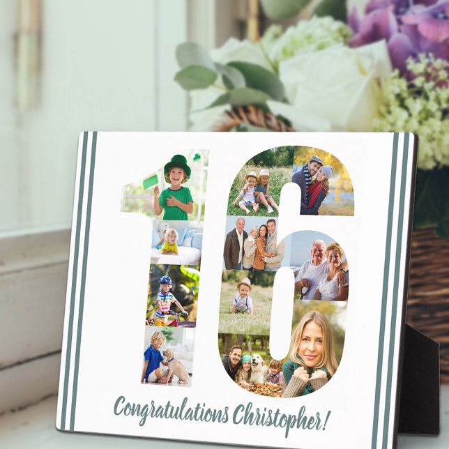 Photo Collage Personalized Number 16 Birthday Plaque (Creator Uploaded)