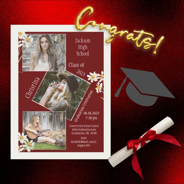 Photo Collage Personalized Red Graduation Announcement (Creator Uploaded)