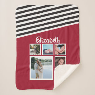 Photo Collage Personalized Red Striped Unique Sherpa Blanket