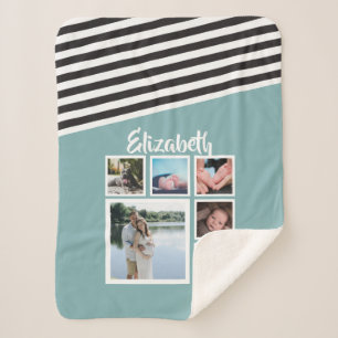 Photo Collage Personalized Teal Striped Unique Sherpa Blanket