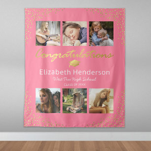 Photo Collage Pink Gold Graduation Backdrop Tapestry