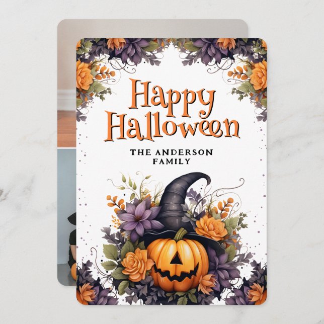 Photo Collage Pumpkin Witch Hat Halloween Card (Front/Back)