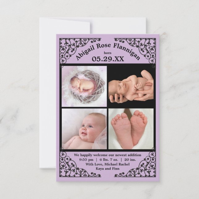 Photo Collage Purple Lace - 3x5 Birth Announcement (Front)