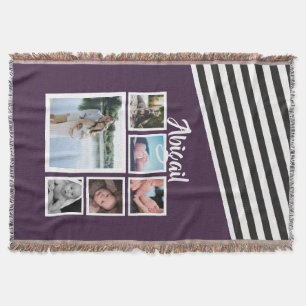Photo Collage Purple Striped Unique Personalized Throw Blanket