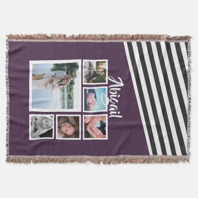 Photo Collage Purple Striped Unique Personalized Throw Blanket (Front)