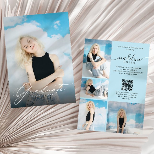Photo Collage QR code Blue Graduation Party Invitation (Creator Uploaded)