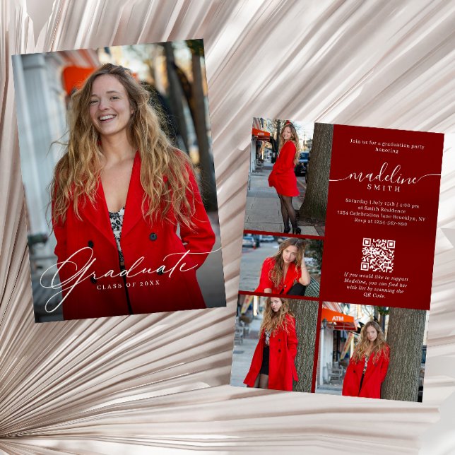 Photo Collage QR code Burgundy Graduation Party Invitation (Creator Uploaded)