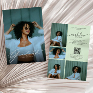 Photo Collage QR code Green Graduation Party Invitation