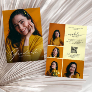 Photo Collage QR code Yellow Graduation Party Invitation