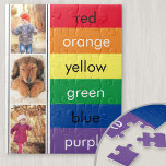 Photo Collage Rainbow Learn Colours Personalized Jigsaw Puzzle<br><div class="desc">Learning through play - personalized photo jigsaw puzzle with rainbow colours. The photo template is set up for you to add three of your favourite pictures, which will be displayed in portrait format on a black and white bordered background. The colour blocks are each lettered with the name of the...</div>