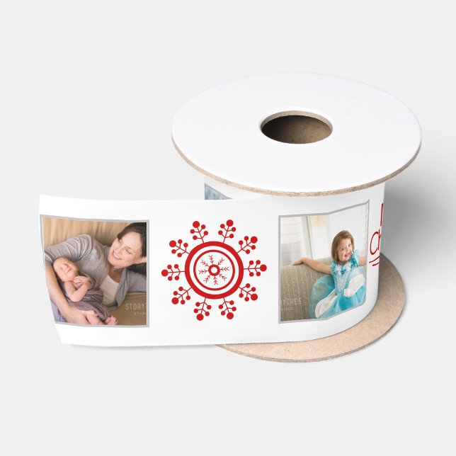 Photo collage, red snowflakes Merry Christmas Satin Ribbon (Spool)